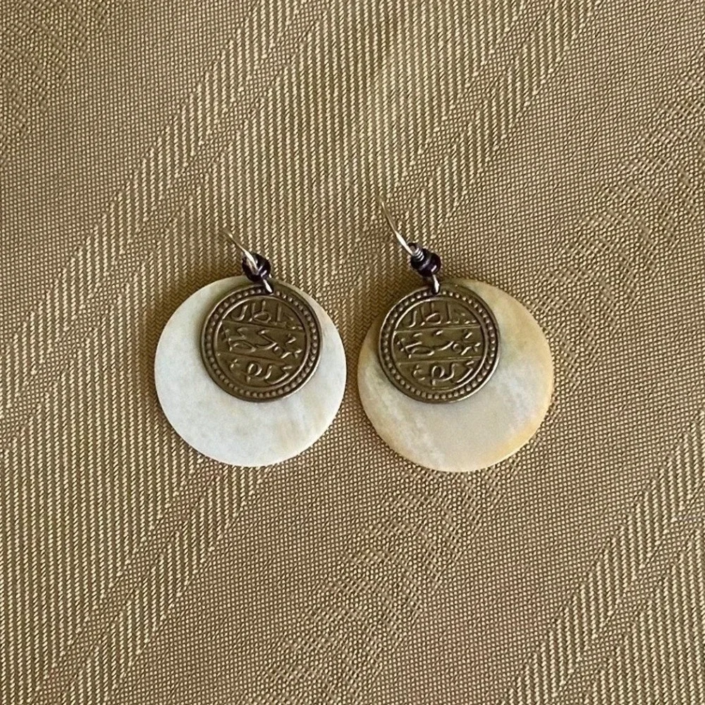 Laurel Burch Vintage Bone and Bronze Tone Coin Dangle Earrings with Bead Accent